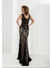 Sexy V Neck Black Lace Beaded Slit Evening Dress 
